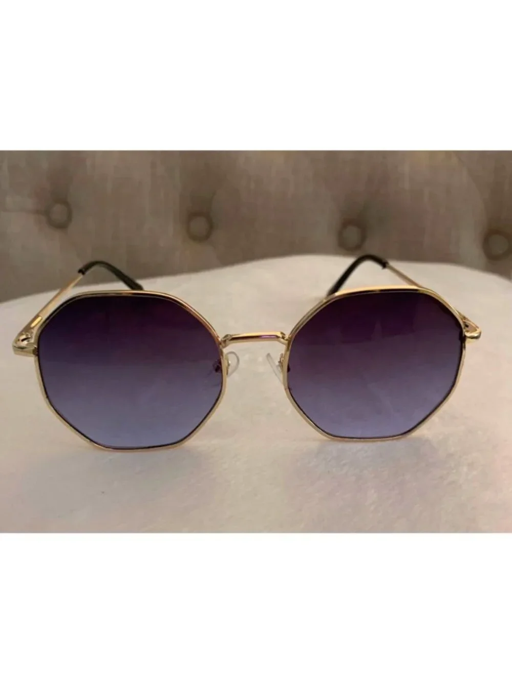 Unisex Octagonal Gold Metal Frame Gradient Black to Blue Lens Sunglasses